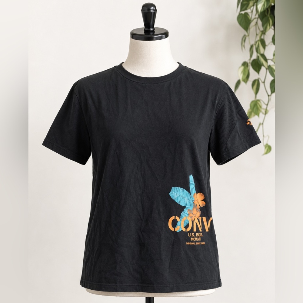 VTG Converse Black Tee with Blue Leaf & Orange Floral Logo and mesh sleeve